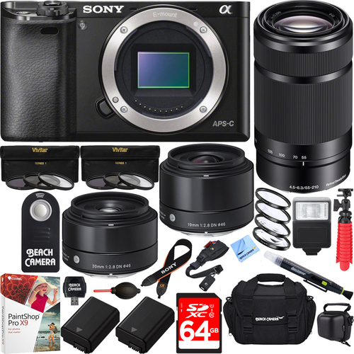 Sony a6000 Interchangeable Camera w/ 55-210mm & Sigma 19 & 30mm Prime Art Lens Bundle