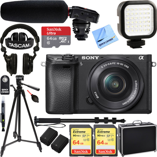 Sony a6300 4K Mirrorless Camera w/ 16-50mm Power Zoom Lens + Tascam Pro Video Bundle