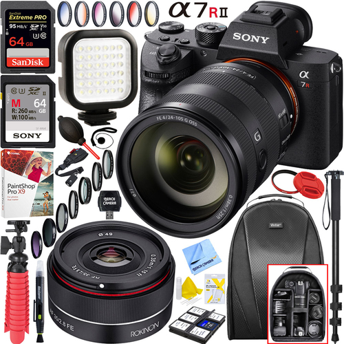 Sony a7R II Mirrorless Camera + 24-105mm +Rokinon 35mm +128GB Dual Lens Bundle