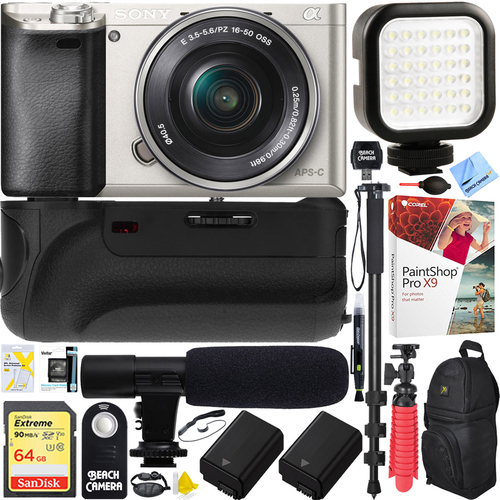 Sony a6000 Interchangeable Camera w/ 16-50mm Lens Battery Grip & Mic Pro Video Bundle