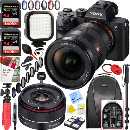 Sony a7R II Mirrorless 42.4MP Camera Body + 16-35mm and Rokinon 35mm Lens Bundle