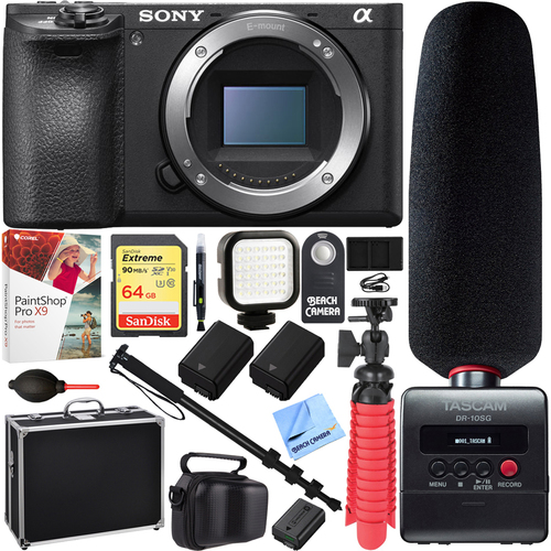 Sony ILCE-6500 a6500 4K Mirrorless Camera Body (Black) with Tascam Recorder Bundle