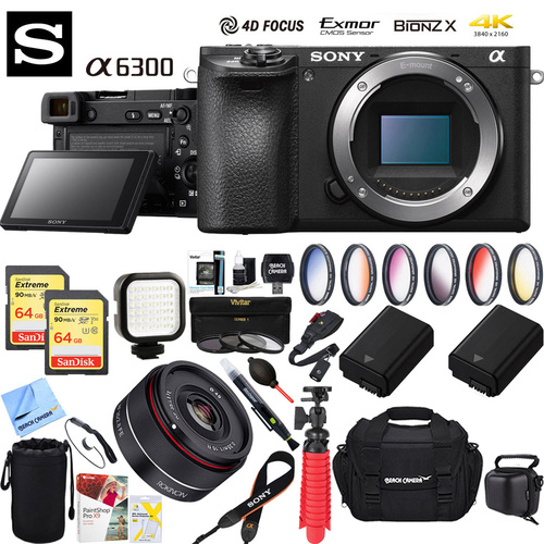 Sony a6300 4K Mirrorless Camera Body + 35mm f/2.8 Rokinon Prime Lens Bundle