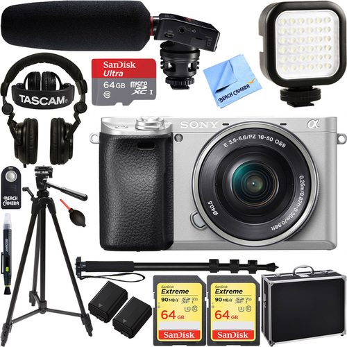Sony a6300 4K Mirrorless Camera w/ 16-50mm Zoom Lens Silver + Tascam Pro Video Bundle
