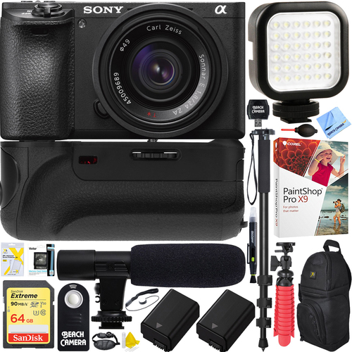 Sony a6500 4K Mirrorless Camera + 24mm f/1.8 Lens Battery Grip & Mic Pro Video Bundle