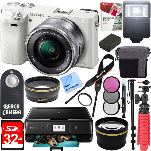 Sony a6000 Alpha Mirrorless Camera (White) 16-50mm Zoom Lens & Photo Printer Bundle