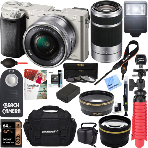 Sony Alpha a6000 24MP Mirrorless Camera 16-50mm & 55-210mm Zoom Lens 64GB Kit Silver