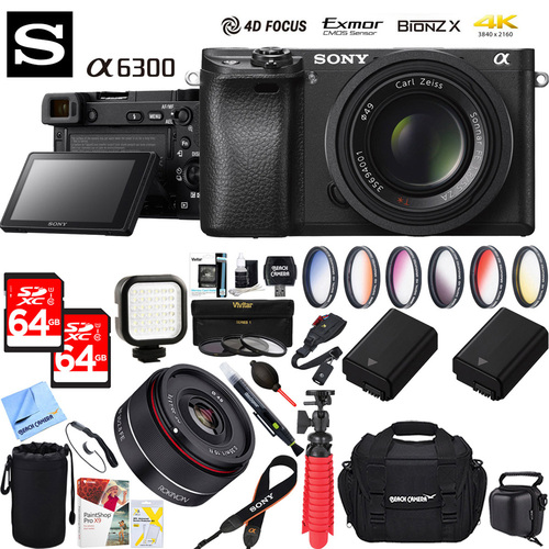 Sony a6300 4K Mirrorless Camera Body +55mm ZA Lens +Rokinon 35mm Wide Angle Lens