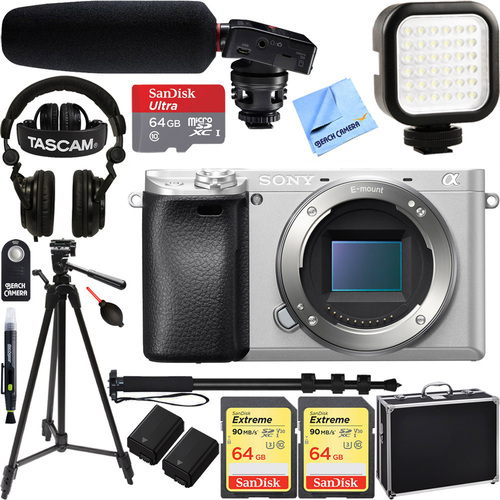 Sony a6300 4K Mirrorless Camera Body w/ APS-C Sensor Silver + Tascam Pro Video Bundle