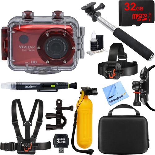 Vivitar HD Action Waterproof Camera / Camcorder Red 32GB Outdoor Mount Kit