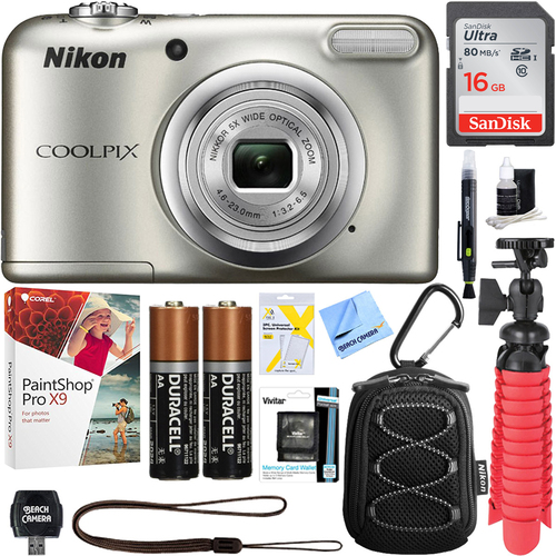 Nikon COOLPIX A10 16.1MP Digital Camera (Silver) + 16GB Deluxe Accessory Bundle