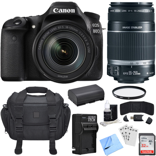 Canon EOS 80D CMOS DSLR Camera w/ EF-S 18-135mm Lens + 55-250mm Telephoto Lens Bundle