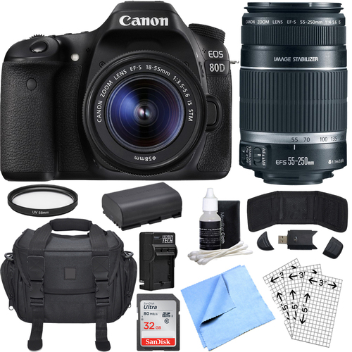 Canon EOS 80D CMOS DSLR Camera w/ EF-S 18-55mm + 55-250mm Telephoto Lens 32GB Bundle