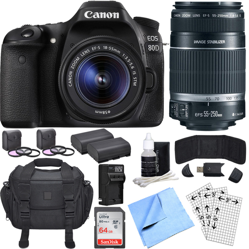 Canon EOS 80D CMOS DSLR Camera w/ EF-S 18-55mm + 55-250mm Telephoto Lens 64GB Bundle