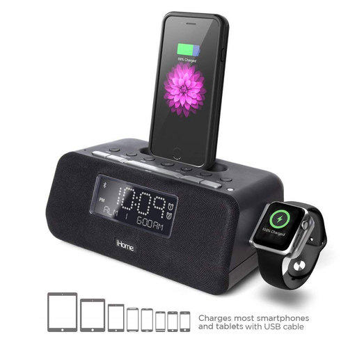 iHome iPLWBT5B Bluetooth Dual Alarm Clock Radio w/Speakerphone & Triple Charging Dock