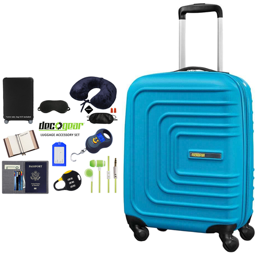 American Tourister 20` Sunset Cruise Hardside Spinner Luggage Summer Sky Blue + Traveling Bundle