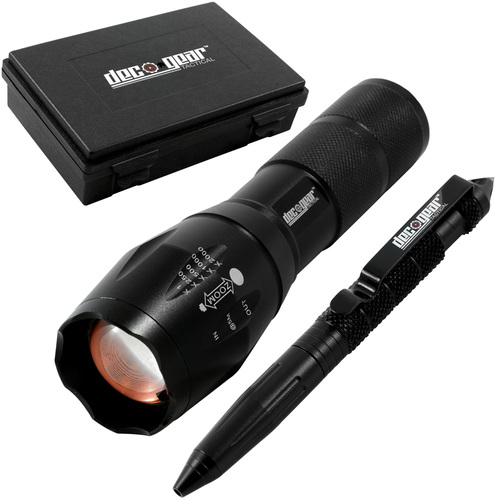 Deco Gear FPT100BK Tactical Flashlight and Tactical Pen Set with Water/Shockproof Case