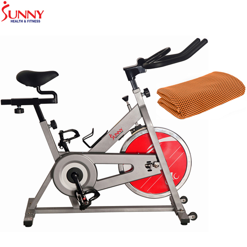 Sunny Health and Fitness Chain Drive Indoor Cycling Bike Silver w/ Cooling Towel