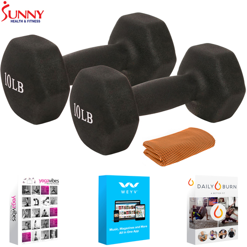 Sunny Health and Fitness Neoprene Dumbbells 10 lb Pair + Fitness Suite & Towel