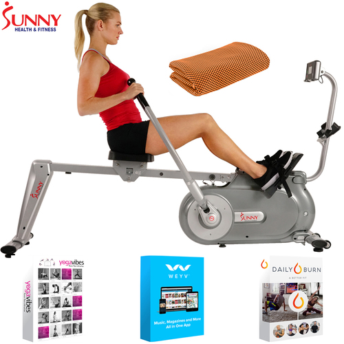 Sunny Health and Fitness Full Motion Magnetic Rowing Machine + Fitness Suite Kit