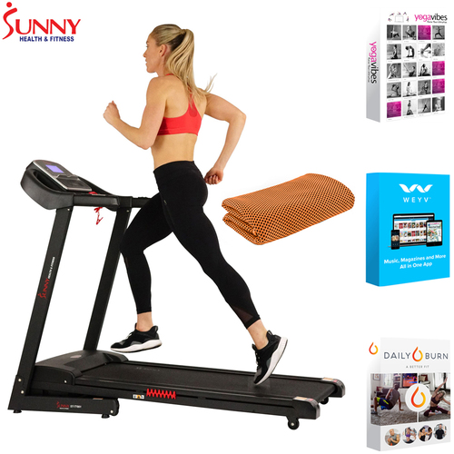 Sunny Health and Fitness Electric Treadmill Incline + Fitness Suite & Towel