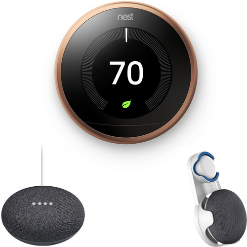 Google Nest Learning Thermostat 3rd Gen Copper with Charcoal Google Home Mini & Wall Mount