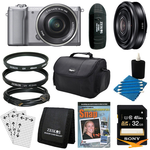 Sony a5000 Compact Interchangeable Lens Camera Silver 16-50mm & 20mm F2.8 Lens Bundle