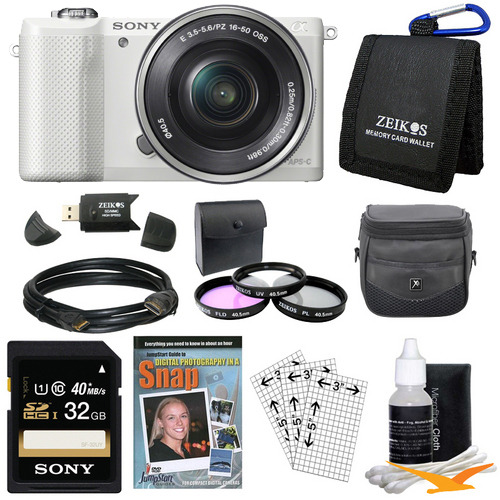 Sony a5000 Compact Interchangeable Lens Camera White w 16-50mm Power Zoom Lens Bundle