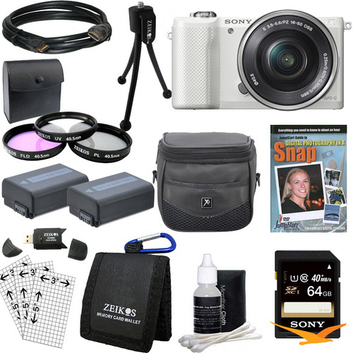 Sony a5000 Compact Interchangeable Lens Camera White w 16-50mm Lens Essentials Bundle