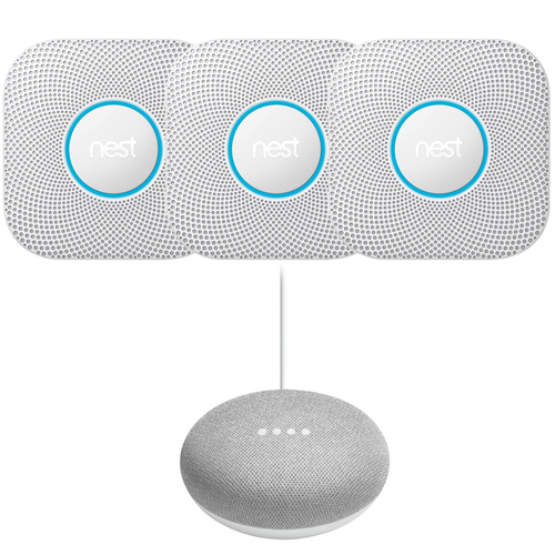 Google Nest Protect Smoke and CO Alarm Battery 3-Pack White + Mini Smart Speaker Chalk