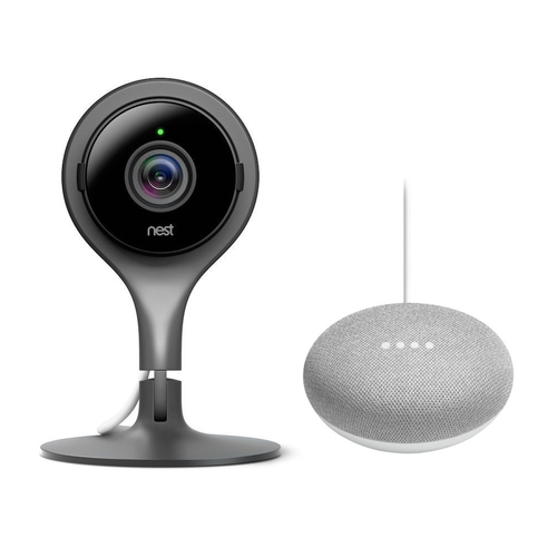 Google Nest Cam Indoor Security Camera + Mini Smart Speaker with Google Assistant Chalk