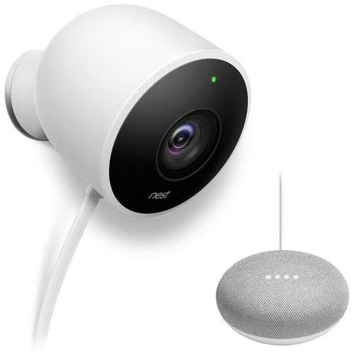Google Nest Outdoor Security Camera White + Mini Smart Speaker Chalk