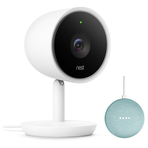 Google Nest Cam Indoor IQ Smart Wi-Fi Security Camera + Mini Smart Speaker Aqua