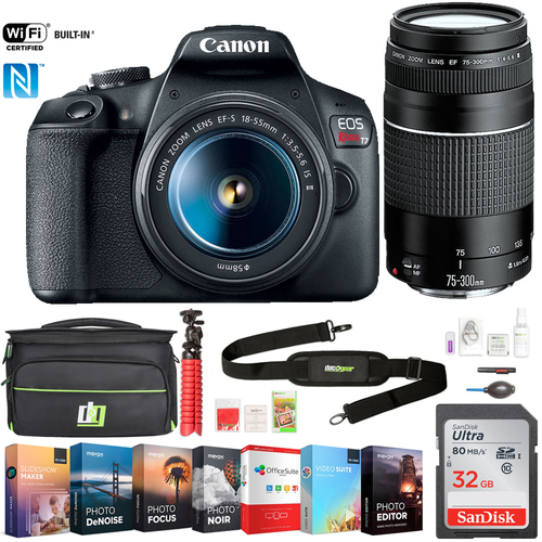 Canon EOS Rebel T7 DSLR Camera w/ EF(18-55 & 75-300)mm Zoom Kit +32GB Deluxe Bundle