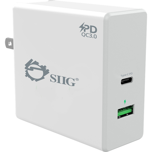 Siig 65W USB-C PD Charger Power Delivery with QC3.0 Wall Charge - AC-PW1F12-S1
