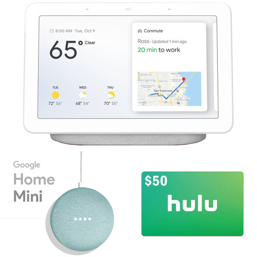 Google Nest Hub with Google Assistant (Chalk), Google Home Mini, and $50 Hulu Bundle
