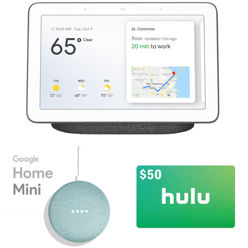 Google Nest Hub (Charcoal) with Google Assistant + Google Home Mini (Aqua) + $50 Hulu Bundle