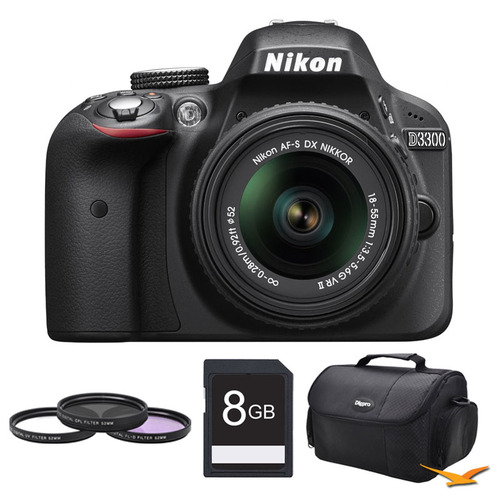 Nikon D3300 DSLR HD Black Camera with 18-55mm Lens, 8GB Card, and Case Bundle