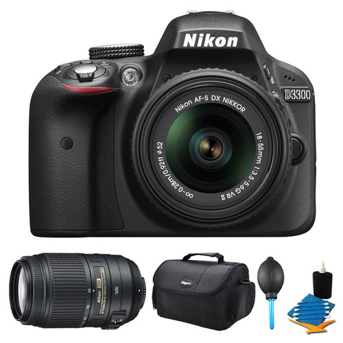 Nikon D3300 DSLR HD Black Camera, 18-55mm Lens, 55-300mm Lens and Case Bundle