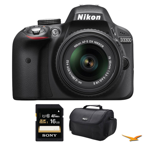 Nikon D3300 DSLR HD Black Camera with 18-55mm Lens, 16GB Card, and Case Bundle
