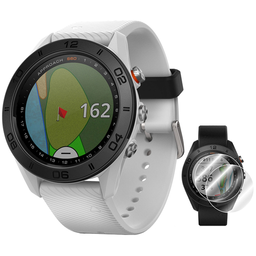 Garmin Approach S60 Golf Watch White with White Band + Screen Protector 2 Pack Bundle