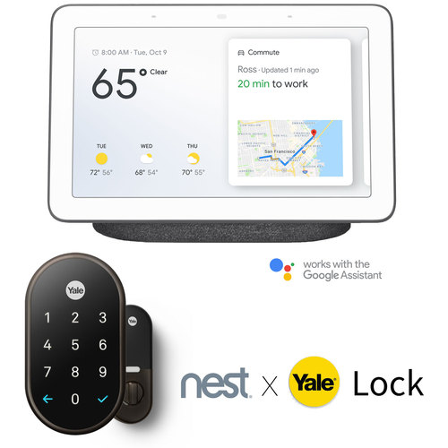 Google Nest Hub with Google Assistant (Charcoal) and Nest X Yale Lock (Polished Brass)