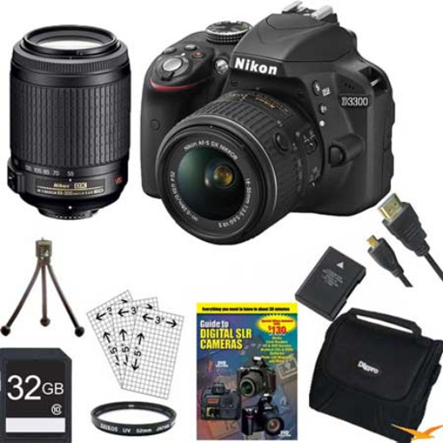 Nikon D3300 DSLR 24.2 MP HD 1080p Camera with 18-55, 55-200VR Lens - Black Bundle