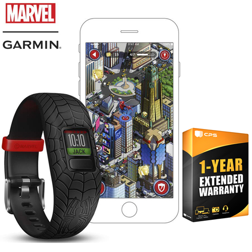 Garmin Activity Tracker for Kids Black Spiderman Band + 1 Year Extended Warranty