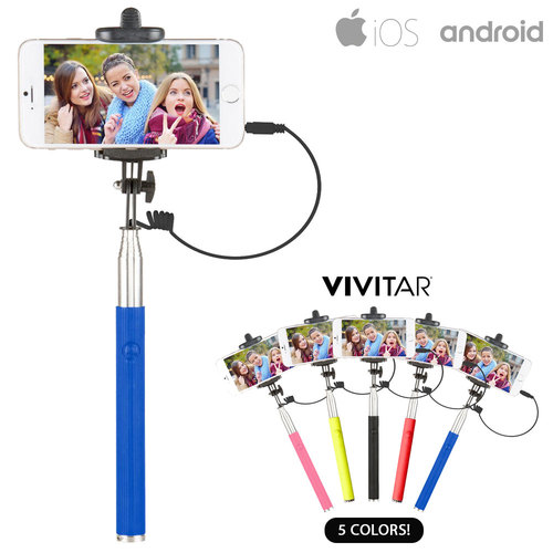 Vivitar 42` Selfie Stick with Built-In Shutter Release and Folding Clamp, Blue