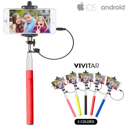 Vivitar 42` Selfie Stick with Built-In Shutter Release and Folding Clamp, Red