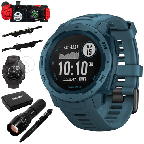 Garmin Instinct Rugged Outdoor Watch w/ GPS, Lakeside Blue + Accessories Bundle