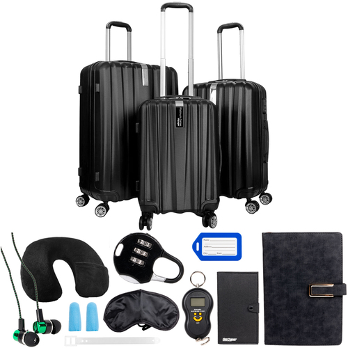 Deco Gear Travel Elite Series 3Pc Spinner Luggage Set (20`,24`,28`) w/ 10Pc Accessory Kit