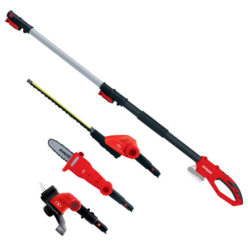Sun Joe 24-Volt Cordless Lawn Care System Hedge Trimmer, Pole Saw, Grass Trimmer (Red)
