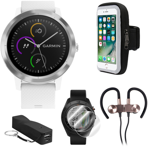 Garmin Vivoactive 3 GPS Fitness Smartwatch w/ Deco Gear Runner Bundle - White+Stainless